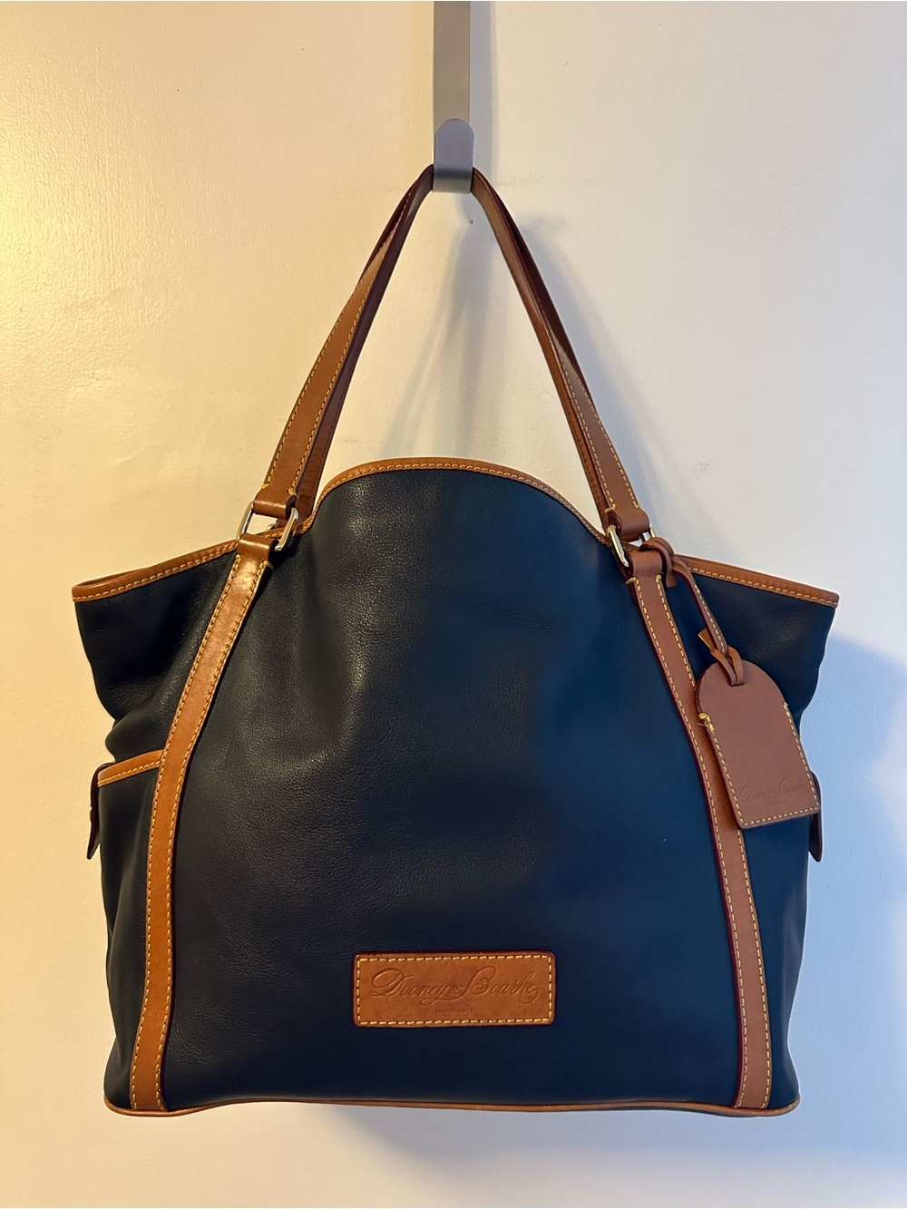 Dooney & Bourke Navy Leather Tote with Tan Trim